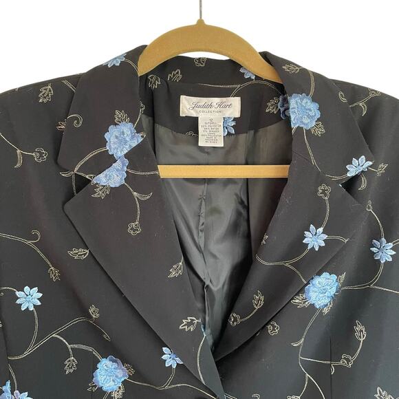 Judith Hart Black Blazer Blue Embroidered Floral Sz 12 Spring Summer Career Wear - Picture 2 of 7